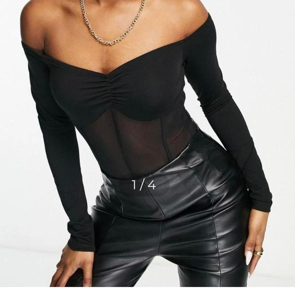 ASOS DESIGN off shoulder corset mesh detail bodysuit in black